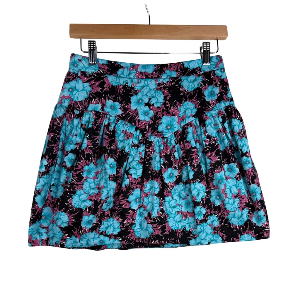 Zara Women's Blue Floral High Waisted Mini Skirt Pleated Size Small Pink